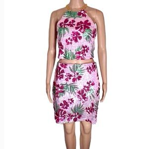 Rachel Zoe Floral Halter Skirt Set in Pink and Green